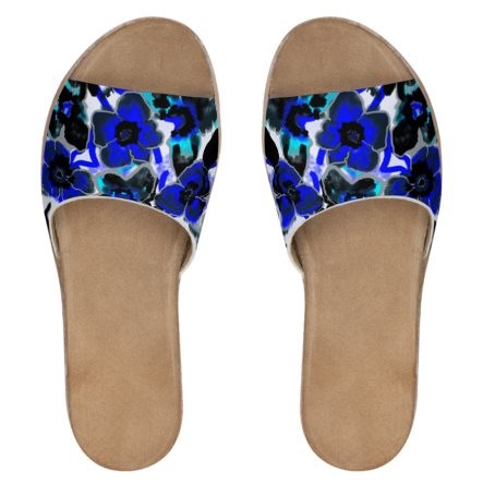 Blue & Black Floral Leather Sliders