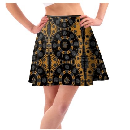 Abstract Mustard Grey & Black Short Skater Skirt