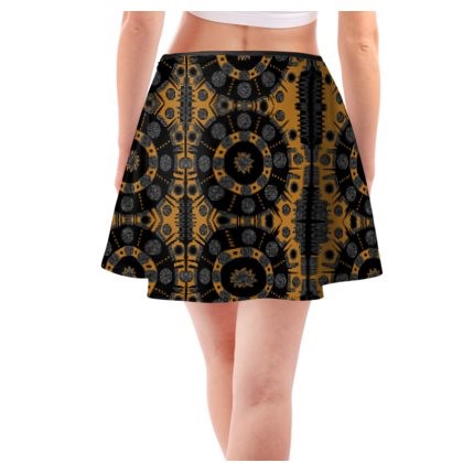 Abstract Mustard Grey & Black Short Skater Skirt