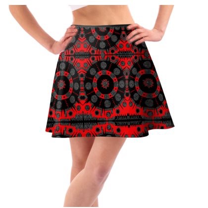 Abstract Red Grey & Black Short Skater Skirt