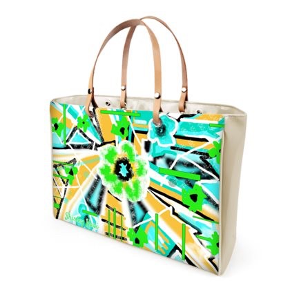 Abstract Green Yellow Blue Patent Handle Strap Bag