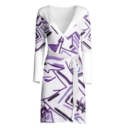 Mauve And White Long Sleeve Abstract Wrap Dress