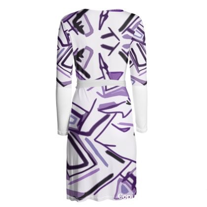 Mauve And White Long Sleeve Abstract Wrap Dress