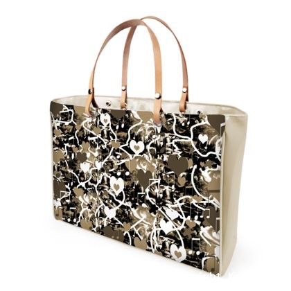 Brown & Beige Hearts & Music Patent Handle Strap Bag