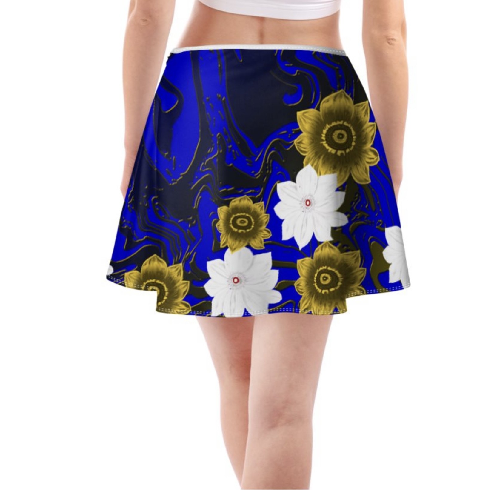 Abstract Blue Stack Of Florals Long Length Skirt