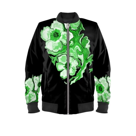 Abstract Green Floral Waterproof Outer/Quilted Inner Bomber Jacket
