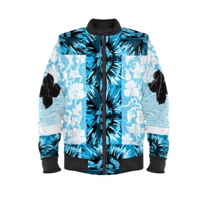 Abstract Blue White & Black Floral Satin Bomber Jacket