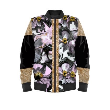 Abstract Pink Gold & Grey Floral Satin Bomber Jacket