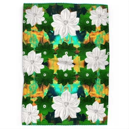Abstract Green & White Floral Tea Towel