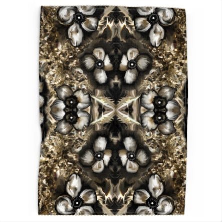 Abstract Floral Black & Gold XFactor Tea Towel With Wavy Edge