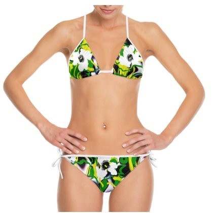 Lime Green White & Black Abstract Floral Bikini