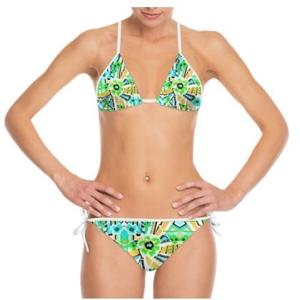 Abstract Green Yellow & Blue Bikini