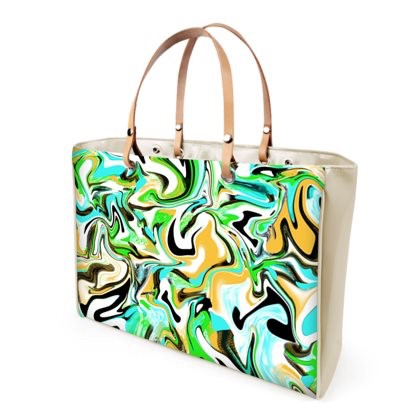 Abstract Green Yellow Blue Patent Handle Strap Bag