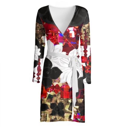 Black And White Floral Jewelled Wrap Dress