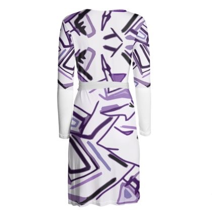Mauve And White Long Sleeve Abstract Wrap Dress
