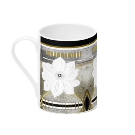 Abstract Grey Mustard & White Floral Tall Bone China Mug